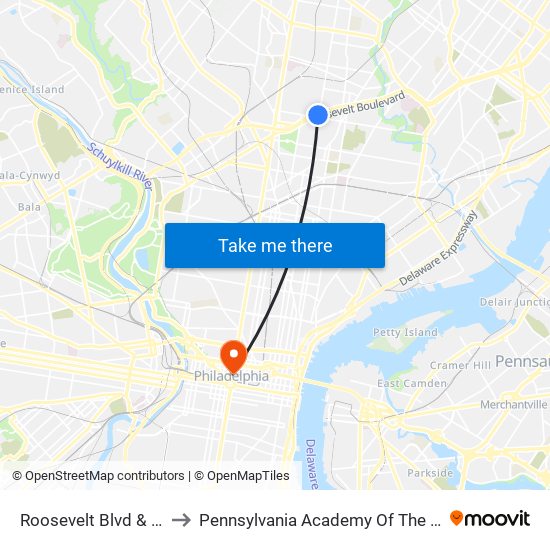 Roosevelt Blvd & 5th St to Pennsylvania Academy Of The Fine Arts map