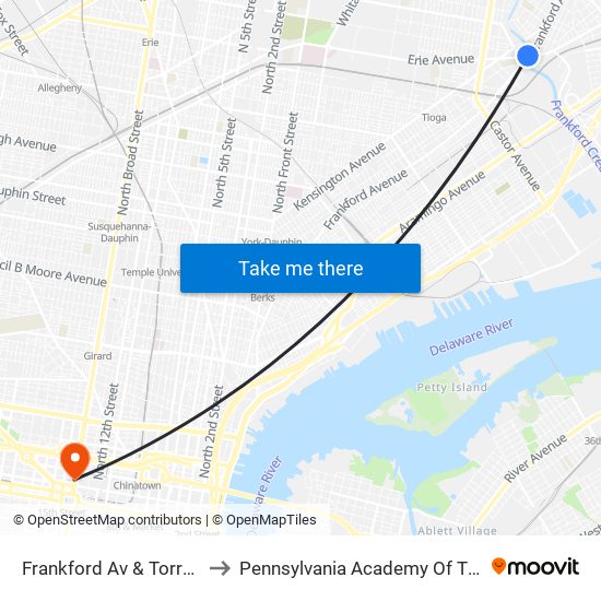 Frankford Av & Torresdale Av to Pennsylvania Academy Of The Fine Arts map