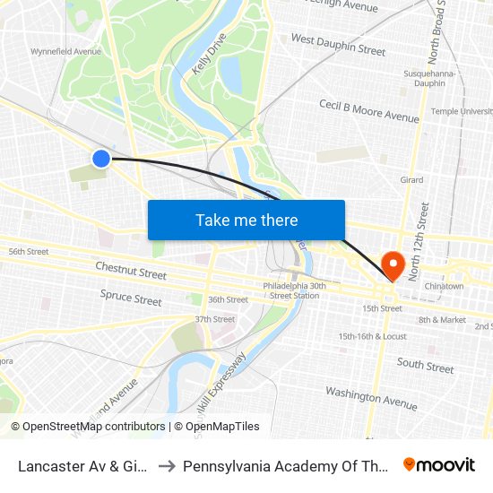 Lancaster Av & Girard Av to Pennsylvania Academy Of The Fine Arts map
