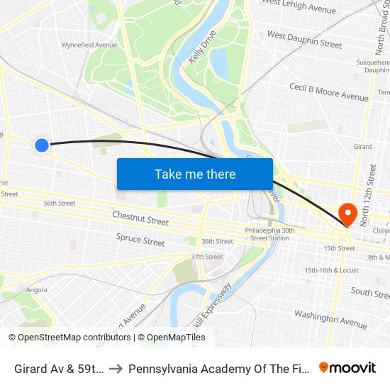 Girard Av & 59th St to Pennsylvania Academy Of The Fine Arts map