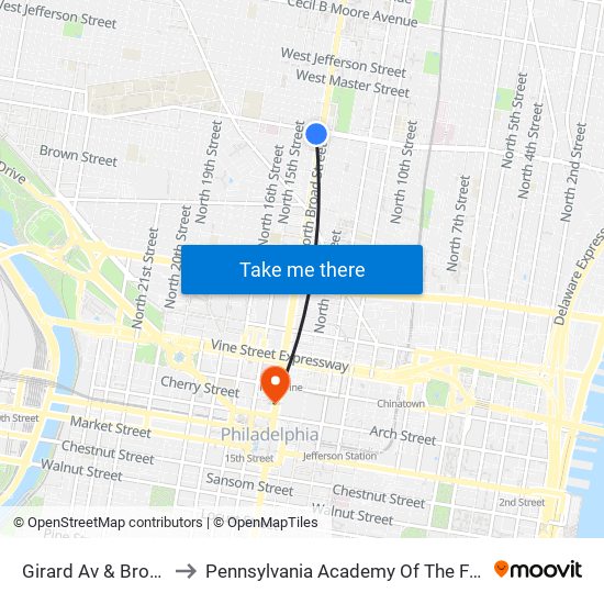 Girard Av & Broad St to Pennsylvania Academy Of The Fine Arts map