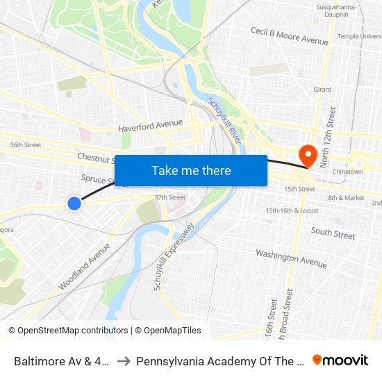 Baltimore Av & 49th St to Pennsylvania Academy Of The Fine Arts map
