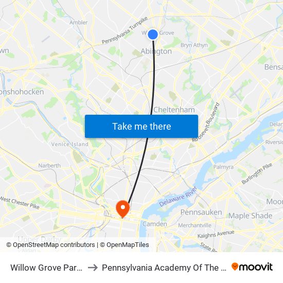 Willow Grove Park Mall to Pennsylvania Academy Of The Fine Arts map