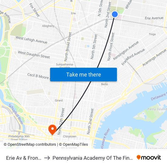 Erie Av & Front St to Pennsylvania Academy Of The Fine Arts map