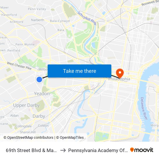 69th Street Blvd & Marshall Rd - Fs to Pennsylvania Academy Of The Fine Arts map