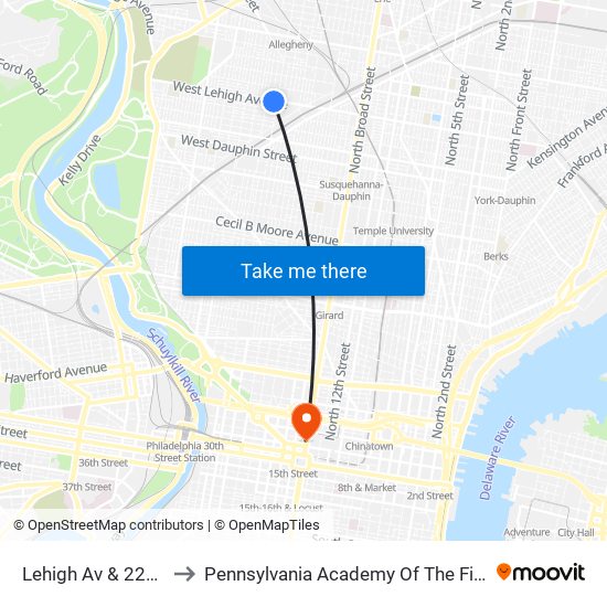 Lehigh Av & 22nd St to Pennsylvania Academy Of The Fine Arts map