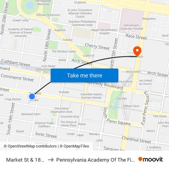 Market St & 18th St to Pennsylvania Academy Of The Fine Arts map