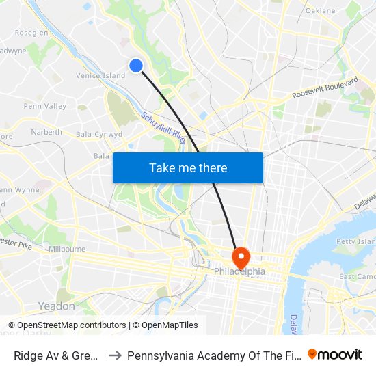 Ridge Av & Green Ln to Pennsylvania Academy Of The Fine Arts map