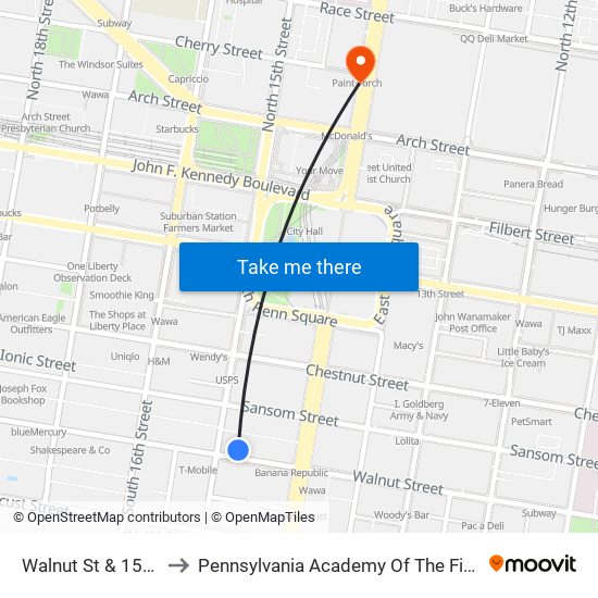 Walnut St & 15th St to Pennsylvania Academy Of The Fine Arts map