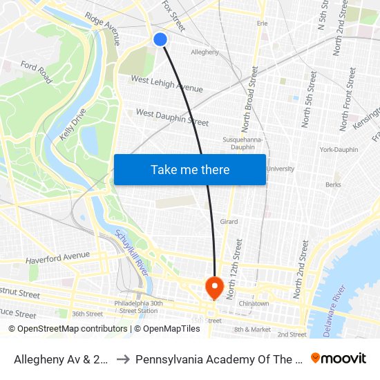Allegheny Av & 29th St to Pennsylvania Academy Of The Fine Arts map