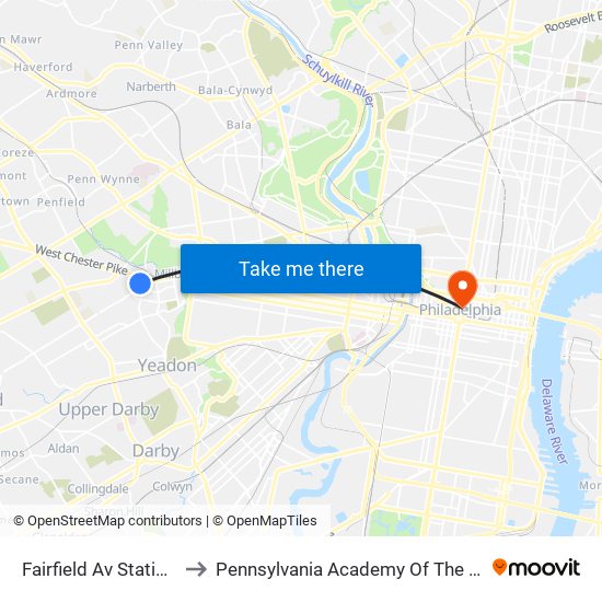 Fairfield Av Station - Fs to Pennsylvania Academy Of The Fine Arts map