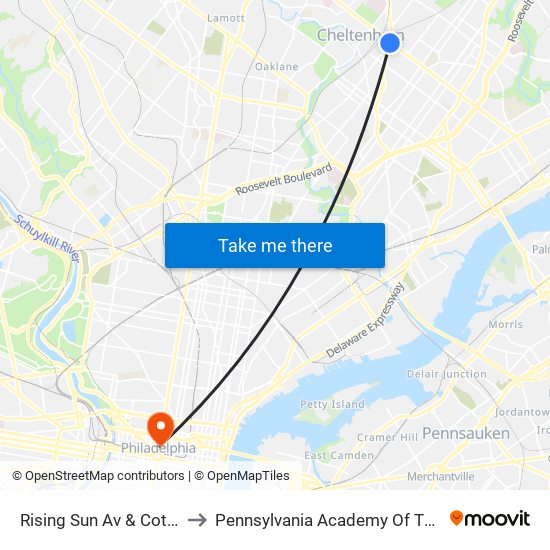 Rising Sun Av & Cottman Av to Pennsylvania Academy Of The Fine Arts map