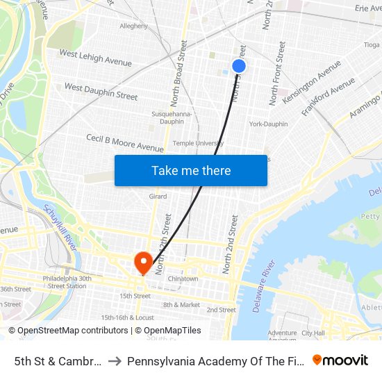 5th St & Cambria St to Pennsylvania Academy Of The Fine Arts map