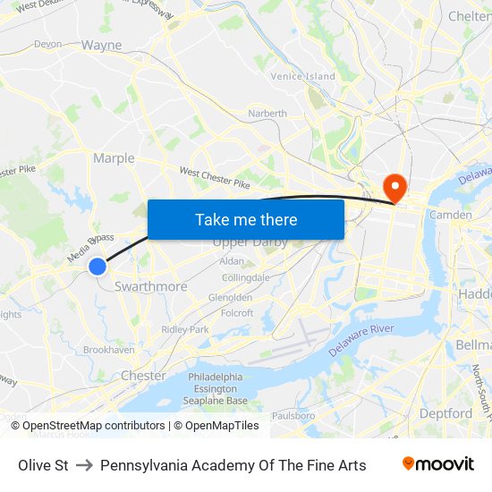 Olive St to Pennsylvania Academy Of The Fine Arts map
