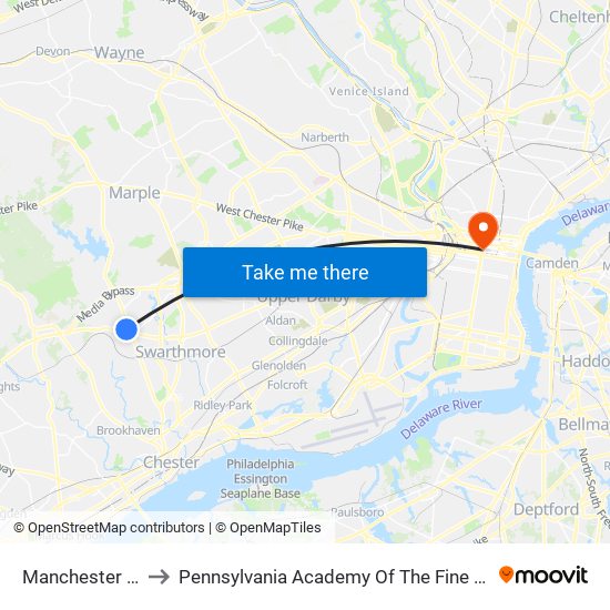 Manchester Av to Pennsylvania Academy Of The Fine Arts map