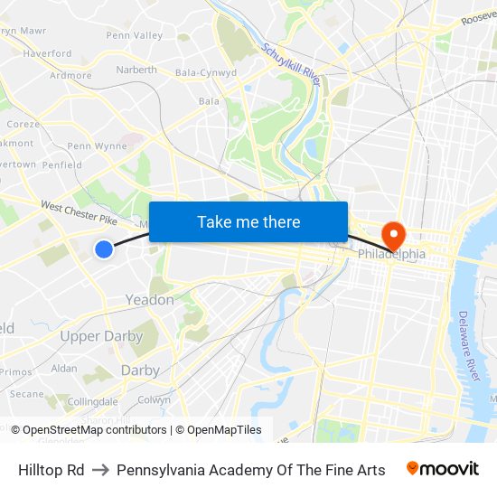 Hilltop Rd to Pennsylvania Academy Of The Fine Arts map