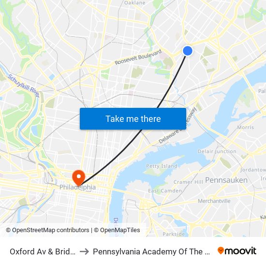 Oxford Av & Bridge St to Pennsylvania Academy Of The Fine Arts map