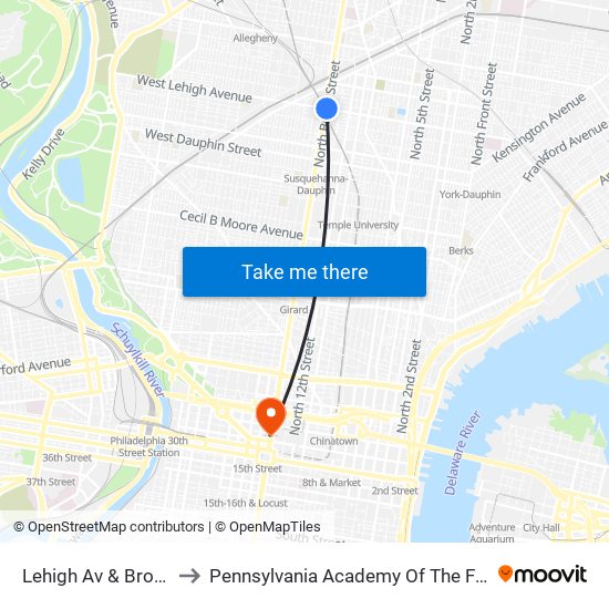 Lehigh Av & Broad St to Pennsylvania Academy Of The Fine Arts map