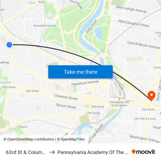 63rd St & Columbia Av to Pennsylvania Academy Of The Fine Arts map