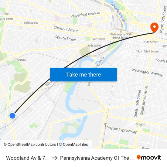 Woodland Av & 71st St to Pennsylvania Academy Of The Fine Arts map