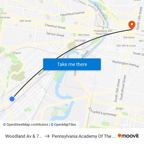 Woodland Av & 70th St to Pennsylvania Academy Of The Fine Arts map