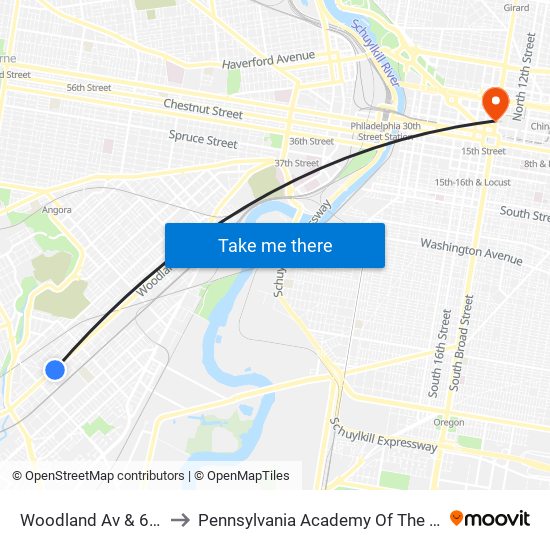 Woodland Av & 68th St to Pennsylvania Academy Of The Fine Arts map