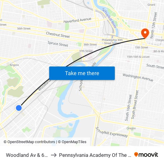 Woodland Av & 66th St to Pennsylvania Academy Of The Fine Arts map