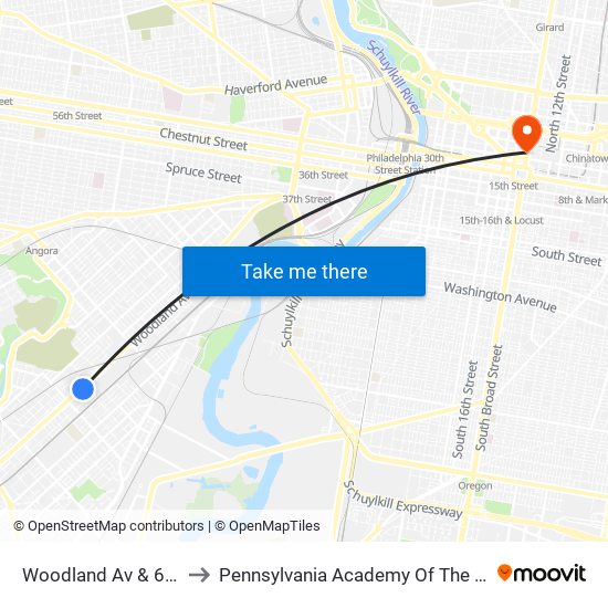Woodland Av & 63rd St to Pennsylvania Academy Of The Fine Arts map