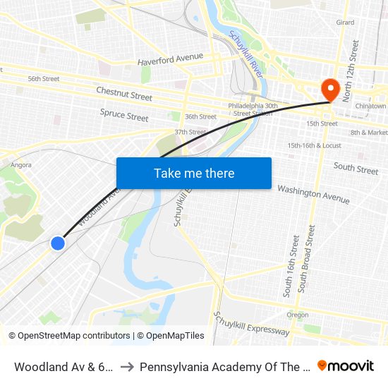 Woodland Av & 61st St to Pennsylvania Academy Of The Fine Arts map