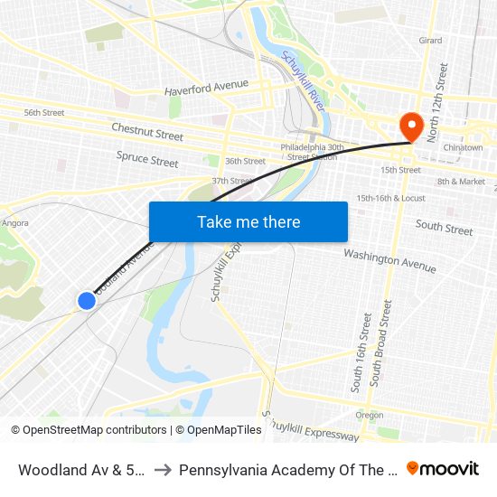 Woodland Av & 58th St to Pennsylvania Academy Of The Fine Arts map