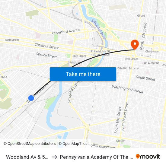 Woodland Av & 56th St to Pennsylvania Academy Of The Fine Arts map