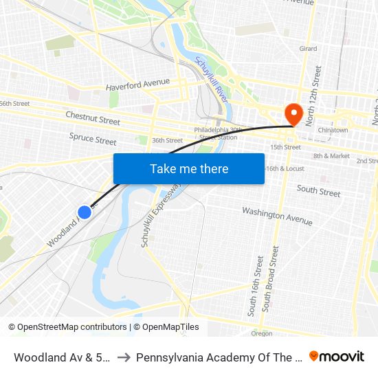 Woodland Av & 51st St to Pennsylvania Academy Of The Fine Arts map