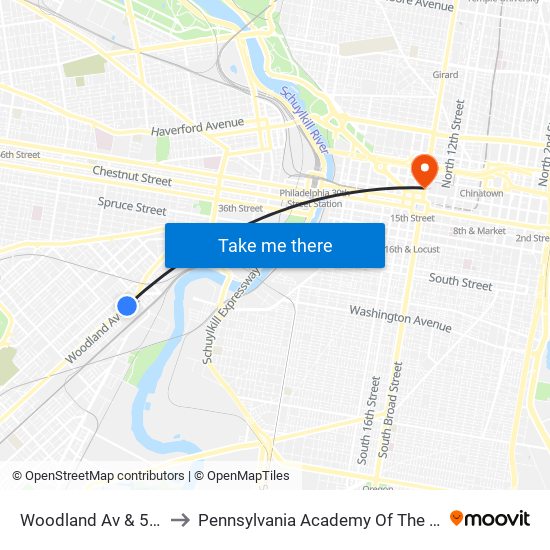 Woodland Av & 50th St to Pennsylvania Academy Of The Fine Arts map