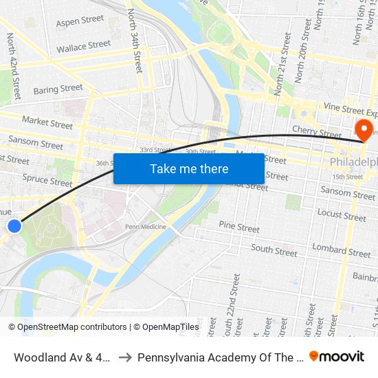 Woodland Av & 42nd St to Pennsylvania Academy Of The Fine Arts map