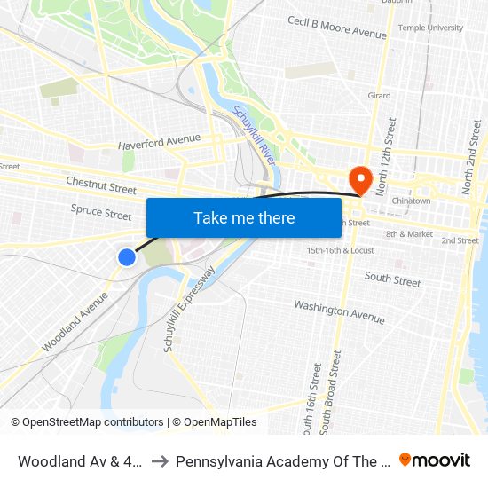 Woodland Av & 43rd St to Pennsylvania Academy Of The Fine Arts map