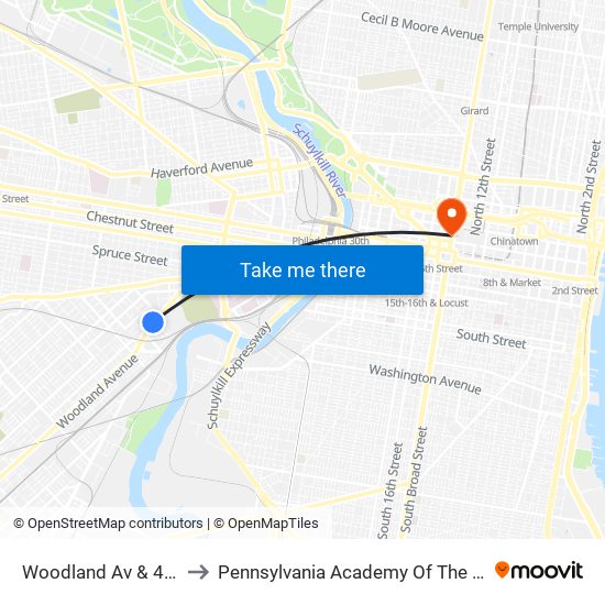 Woodland Av & 46th St to Pennsylvania Academy Of The Fine Arts map