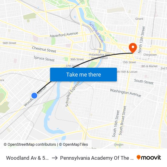 Woodland Av & 54th St to Pennsylvania Academy Of The Fine Arts map