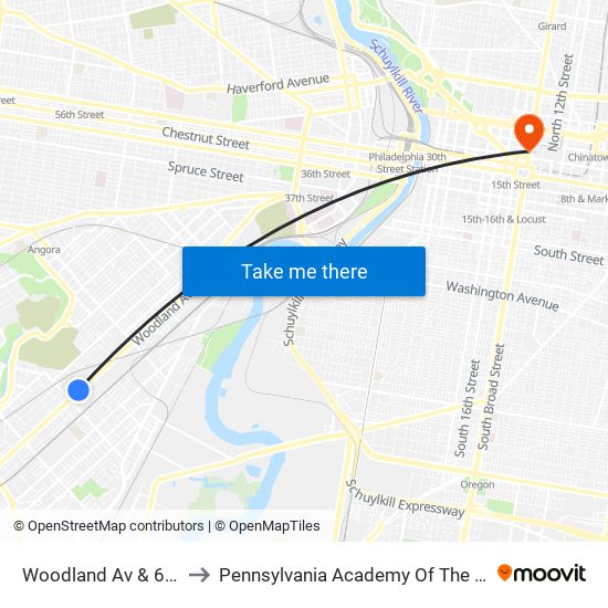 Woodland Av & 64th St to Pennsylvania Academy Of The Fine Arts map
