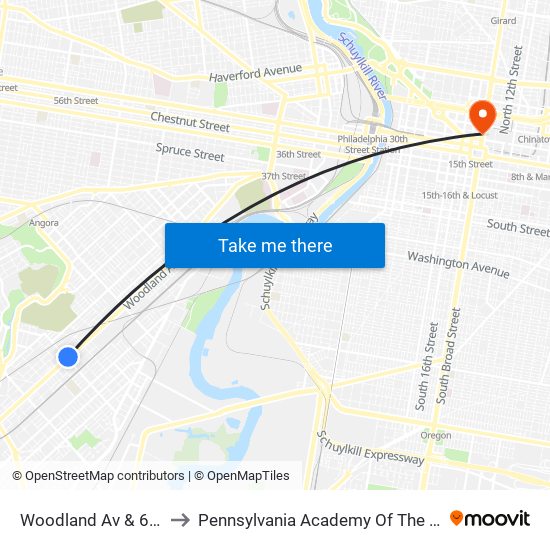 Woodland Av & 65th St to Pennsylvania Academy Of The Fine Arts map