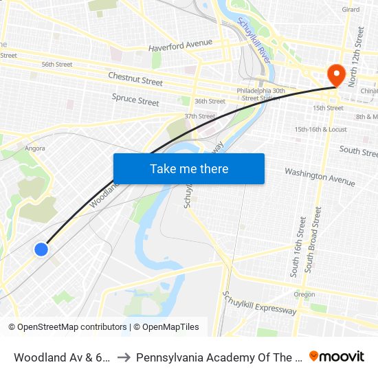 Woodland Av & 67th St to Pennsylvania Academy Of The Fine Arts map