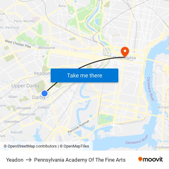 Yeadon to Pennsylvania Academy Of The Fine Arts map