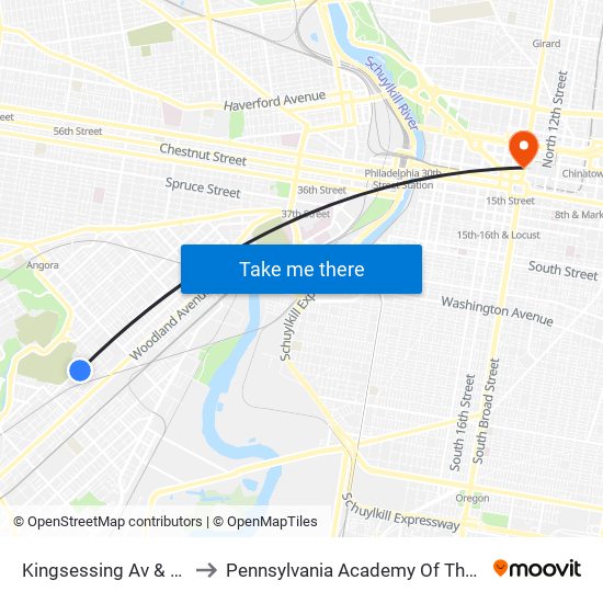 Kingsessing Av & 61st St to Pennsylvania Academy Of The Fine Arts map