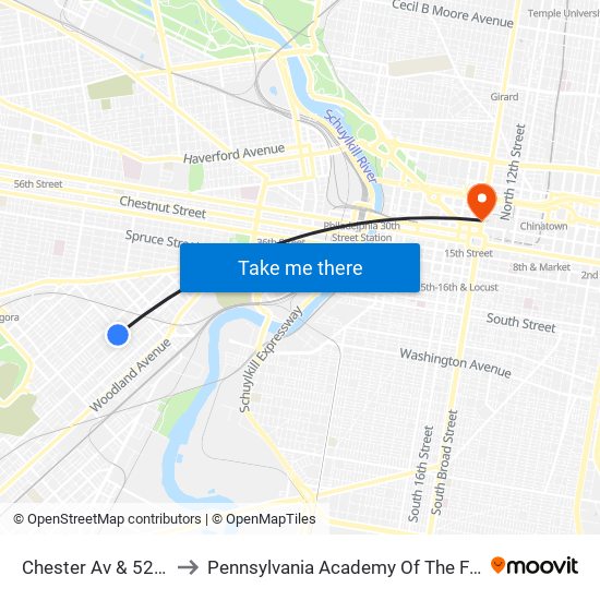 Chester Av & 52nd St to Pennsylvania Academy Of The Fine Arts map