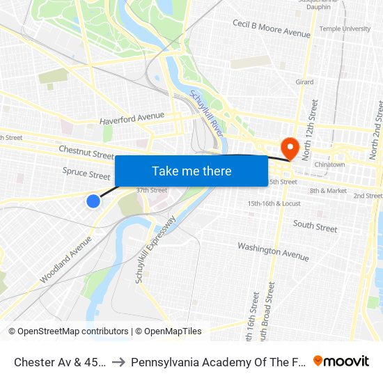 Chester Av & 45th St to Pennsylvania Academy Of The Fine Arts map