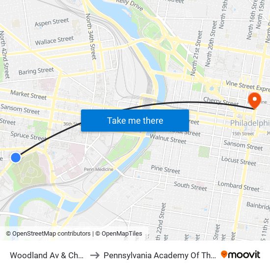 Woodland Av & Chester Av to Pennsylvania Academy Of The Fine Arts map