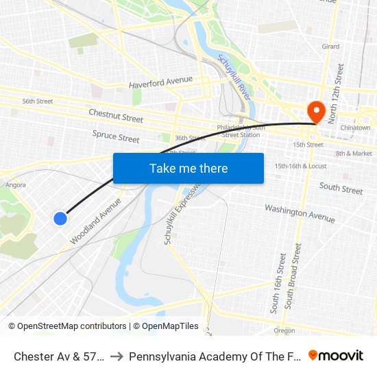 Chester Av & 57th St to Pennsylvania Academy Of The Fine Arts map