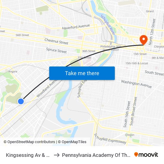 Kingsessing Av & 62nd St to Pennsylvania Academy Of The Fine Arts map