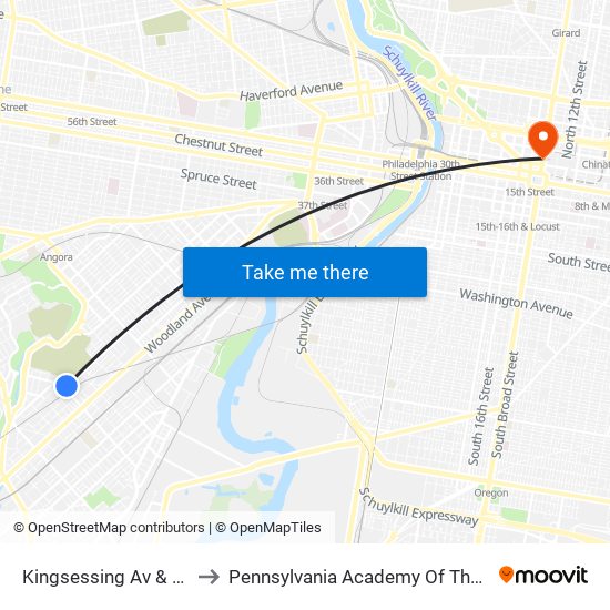 Kingsessing Av & 65th St to Pennsylvania Academy Of The Fine Arts map