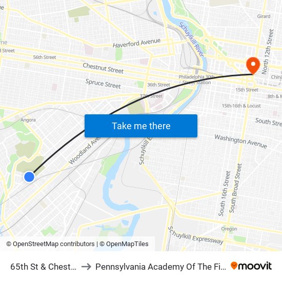 65th St & Chester St to Pennsylvania Academy Of The Fine Arts map