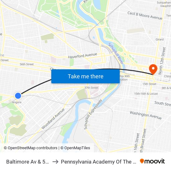 Baltimore Av & 57th St to Pennsylvania Academy Of The Fine Arts map